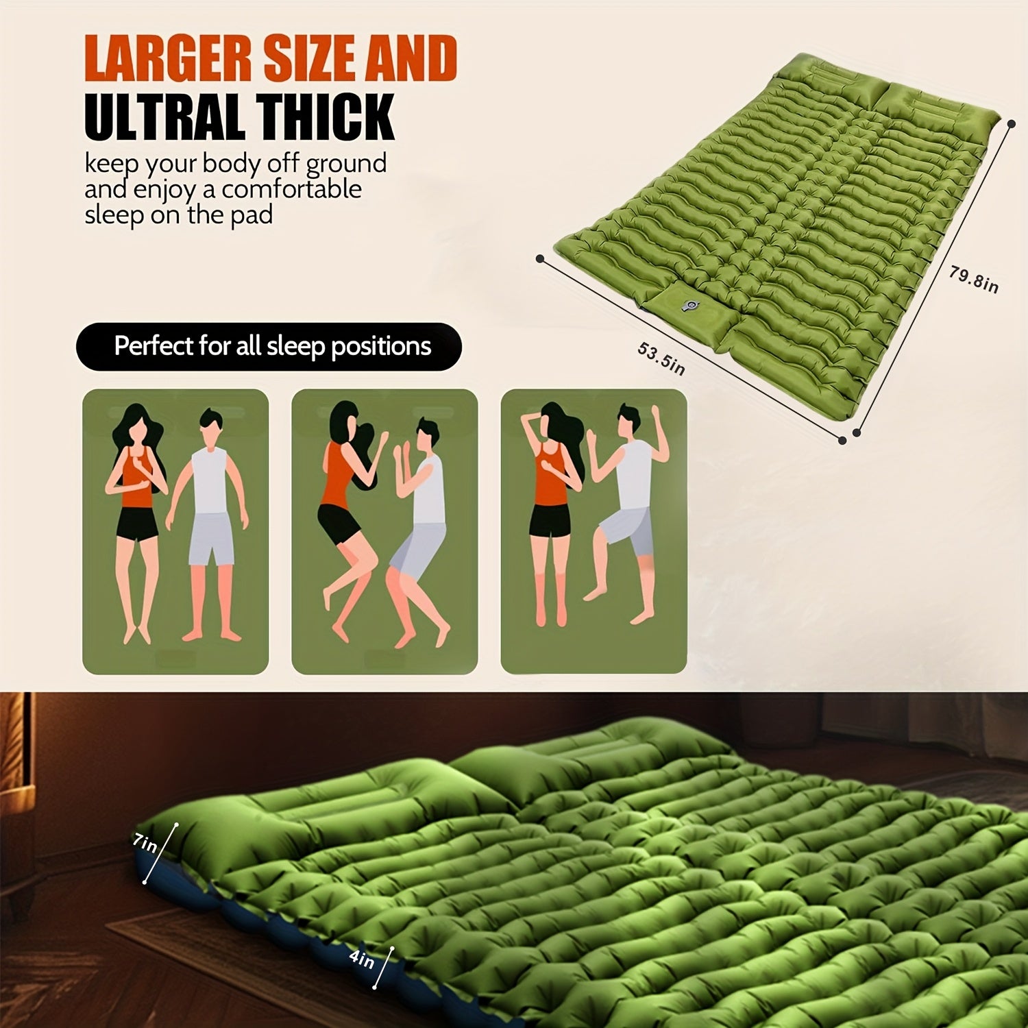 Extra-Thick Double Sleeping Pad – 4" Self-Inflating with Pillows & Foot Pump