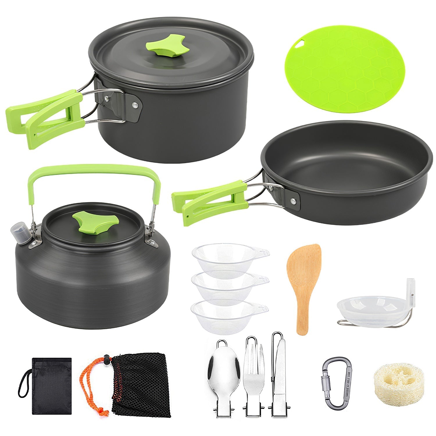 16-Piece Camping Cookware Set – Aluminum Pot, Pan, Kettle & Utensil Kit