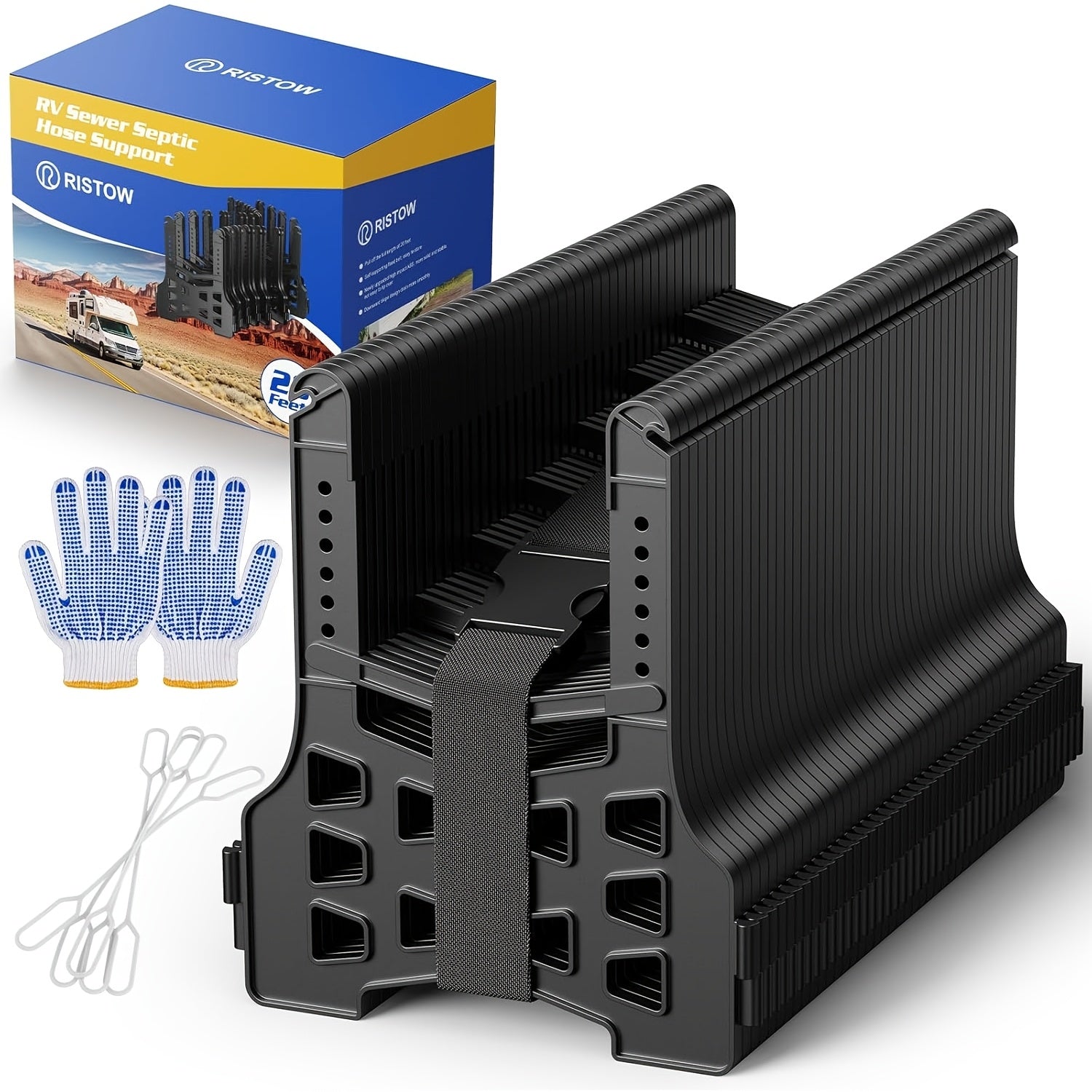 20FT RV Sewer Hose Support – Adjustable Height with Deep Cradles & Rubber Bands