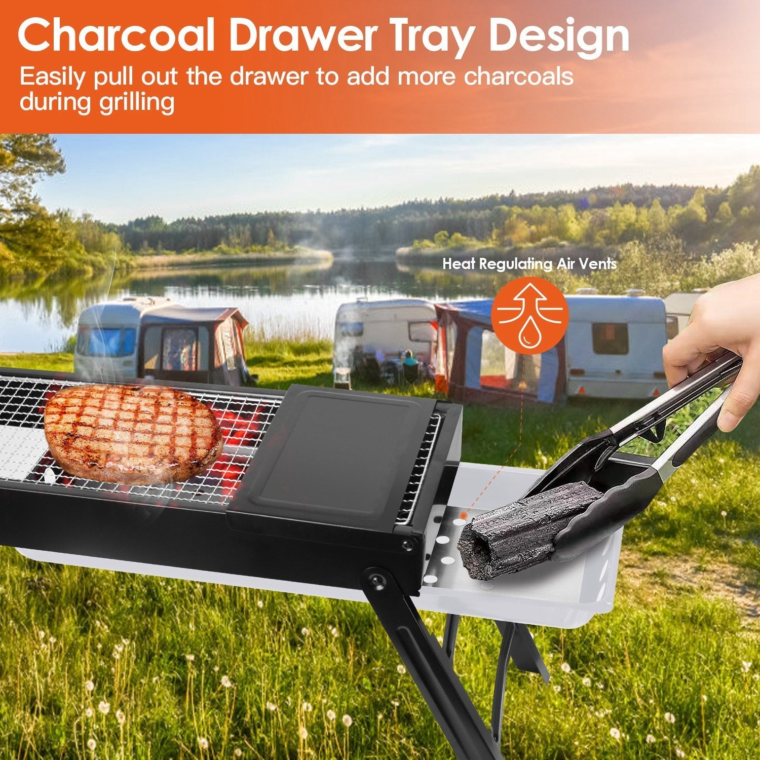 Foldable Charcoal BBQ Grill with Shelf & Stainless Steel Grill Net – Portable Tabletop