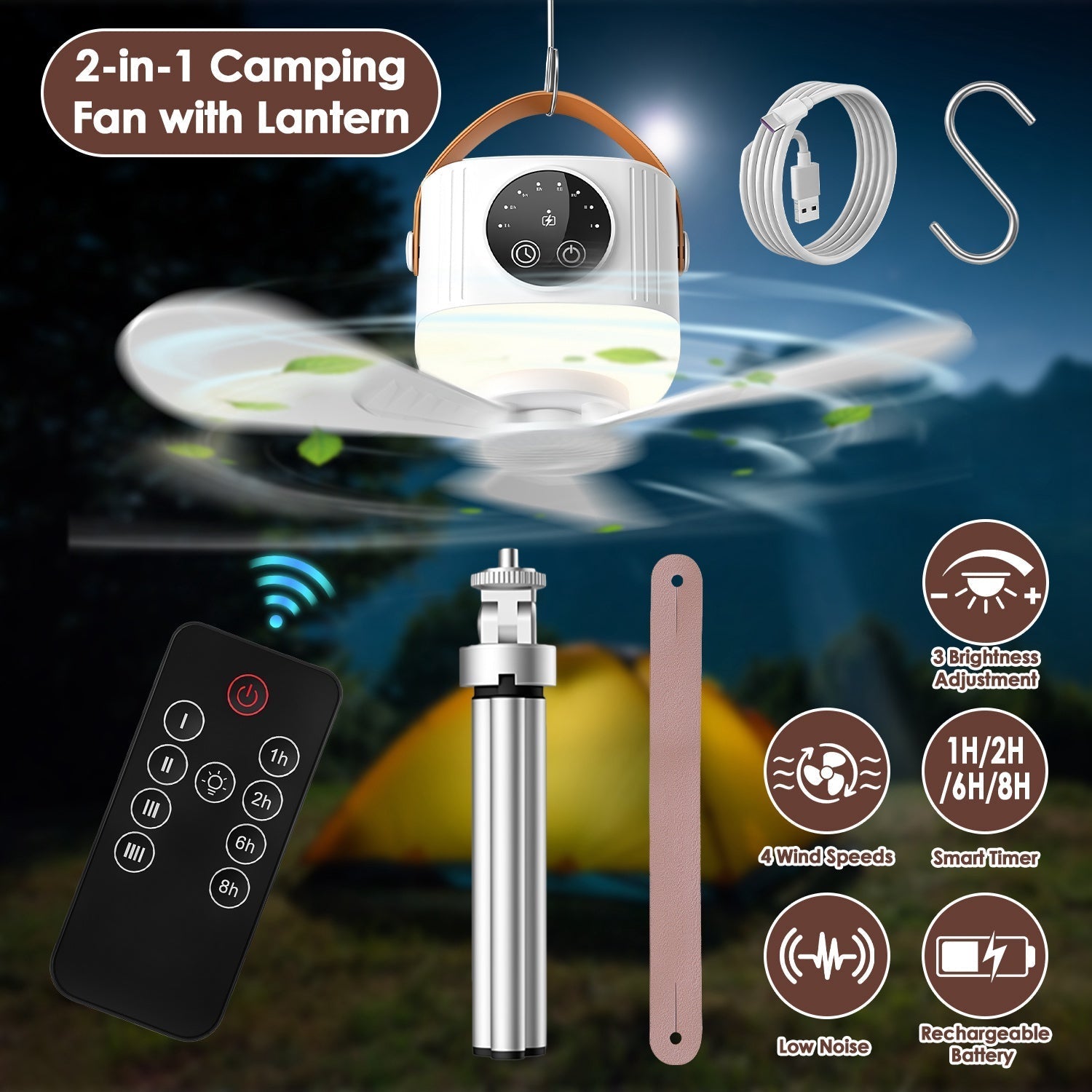 Rechargeable Tent Ceiling Fan with LED Light & Remote Control – 7200mAh