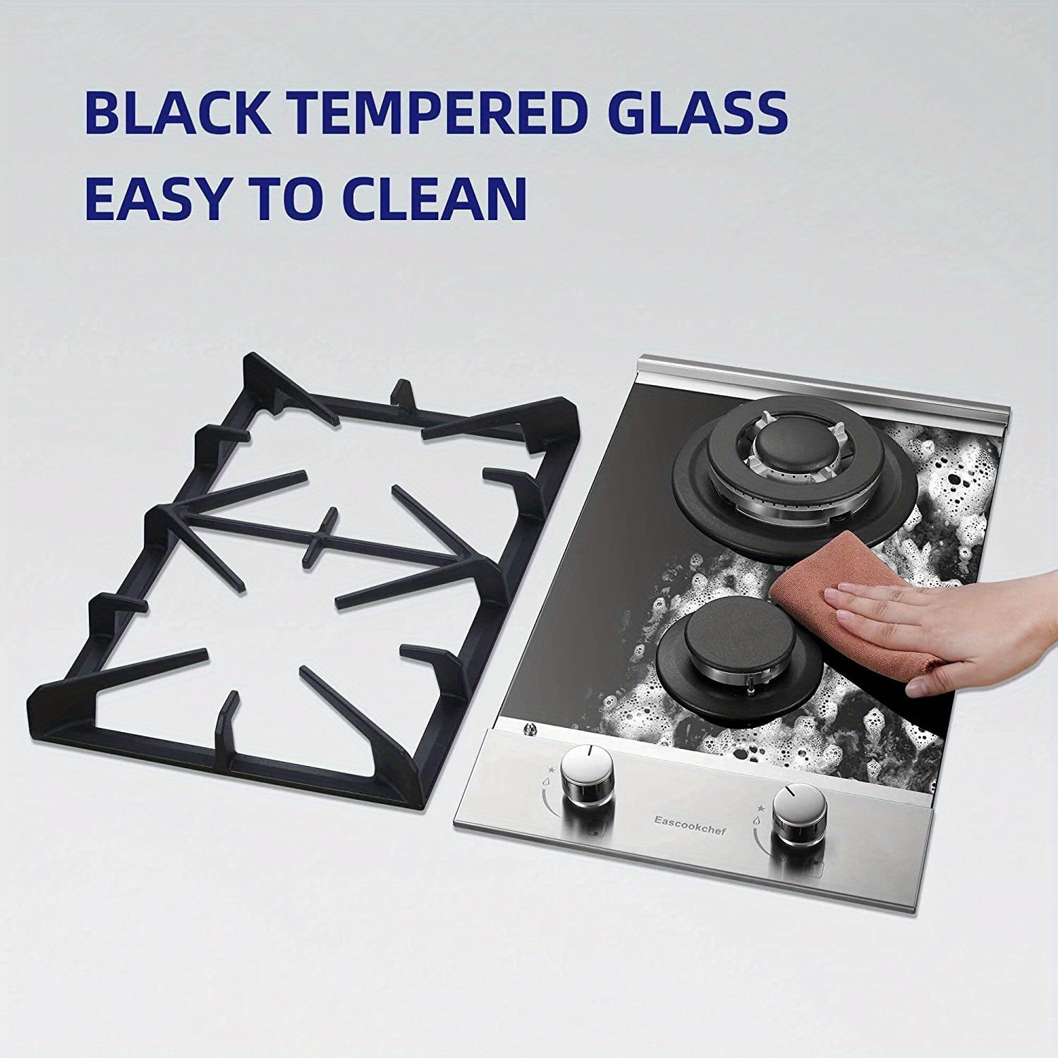 12" 2-Burner Gas Cooktop – LPG/NG Dual Fuel, Tempered Glass, Thermocouple Safety