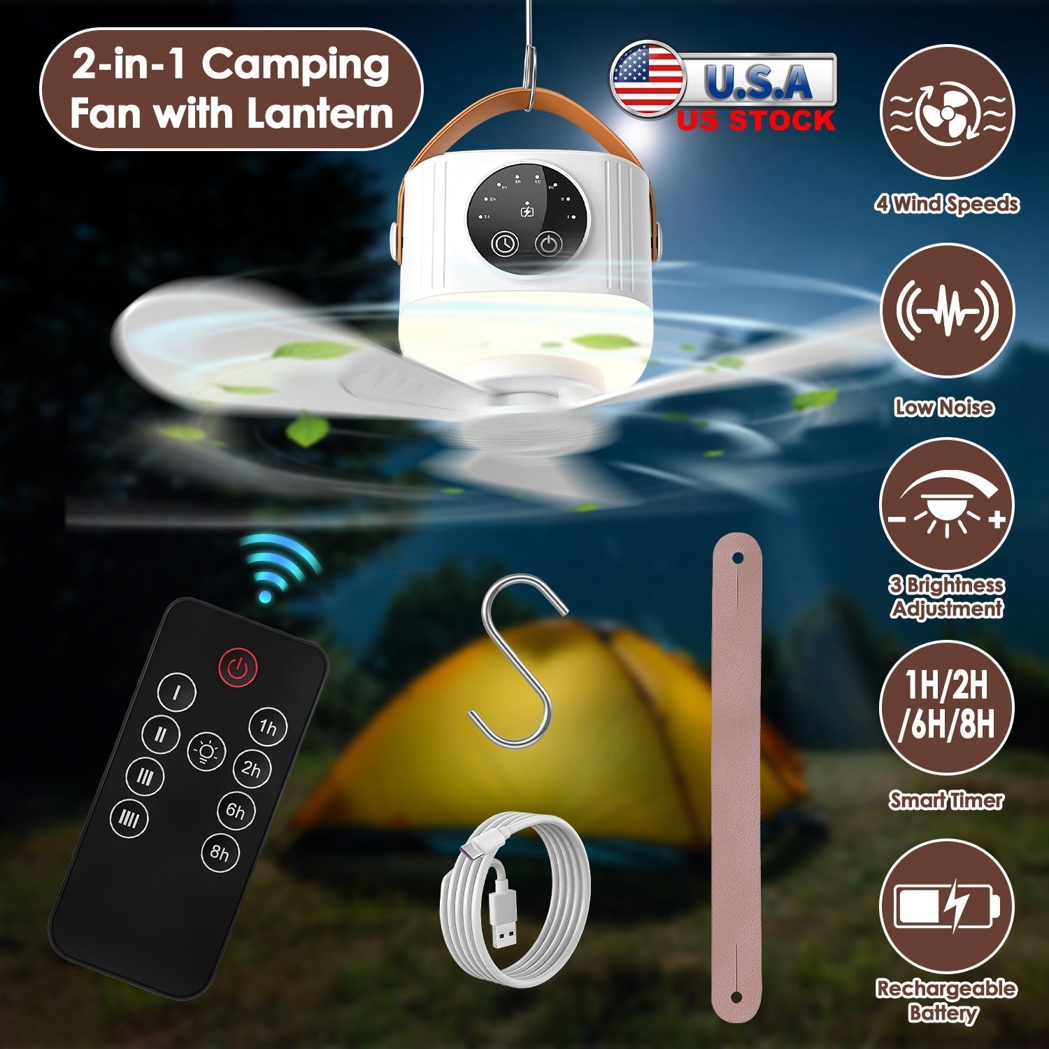 Rechargeable Tent Ceiling Fan with LED Light & Remote Control – 7200mAh