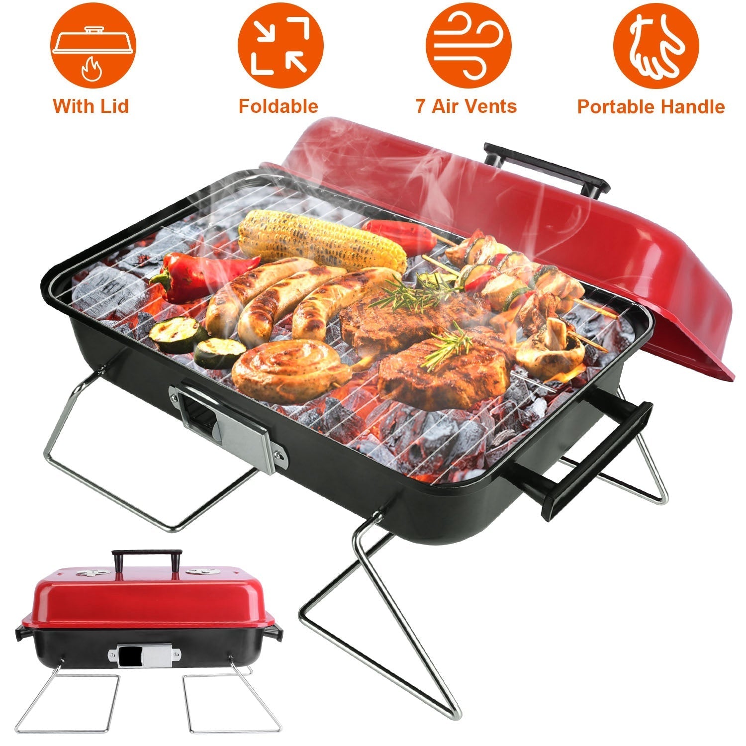 Portable Charcoal Tabletop Grill – Folding BBQ Smoker with Lid