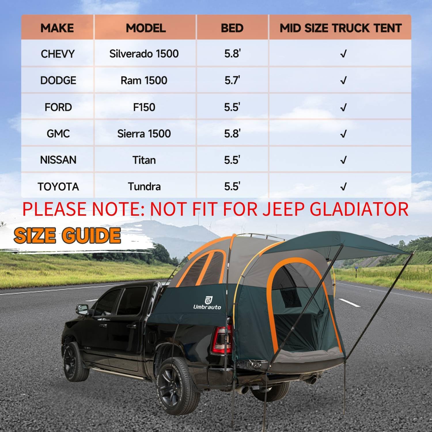 Umbrauto Truck Bed Tent with Awning | Fits 5.5–5.8 ft Beds | PU3000 Waterproof | 3 Colors