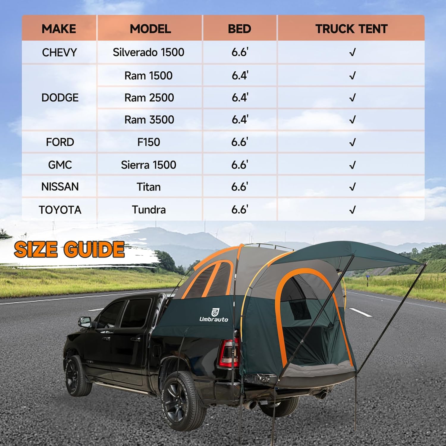 Umbrauto Truck Bed Tent with Awning | Fits 6.4–6.7 ft Beds | PU3000 Waterproof | 3 Colors