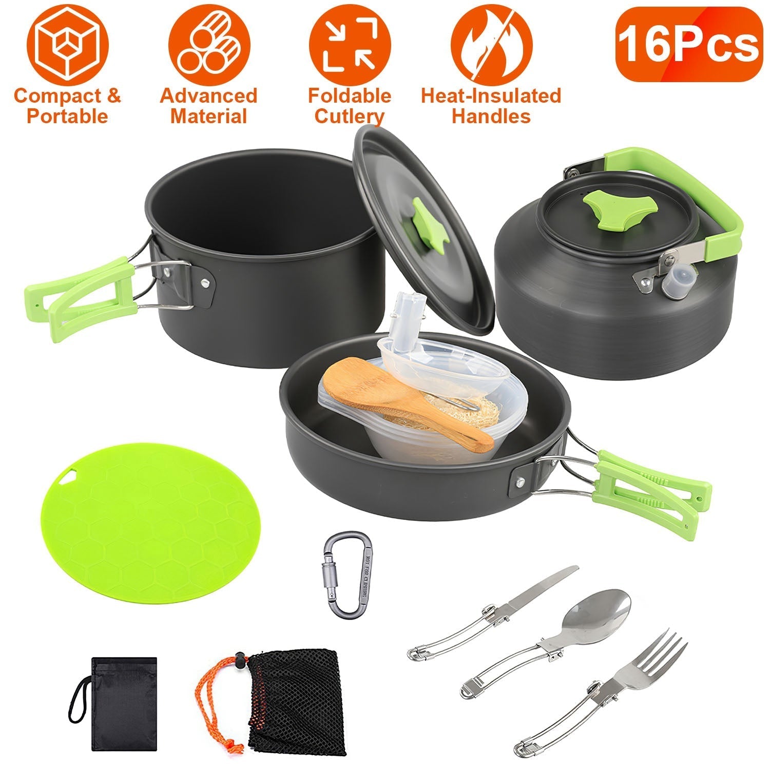 16-Piece Camping Cookware Set – Aluminum Pot, Pan, Kettle & Utensil Kit