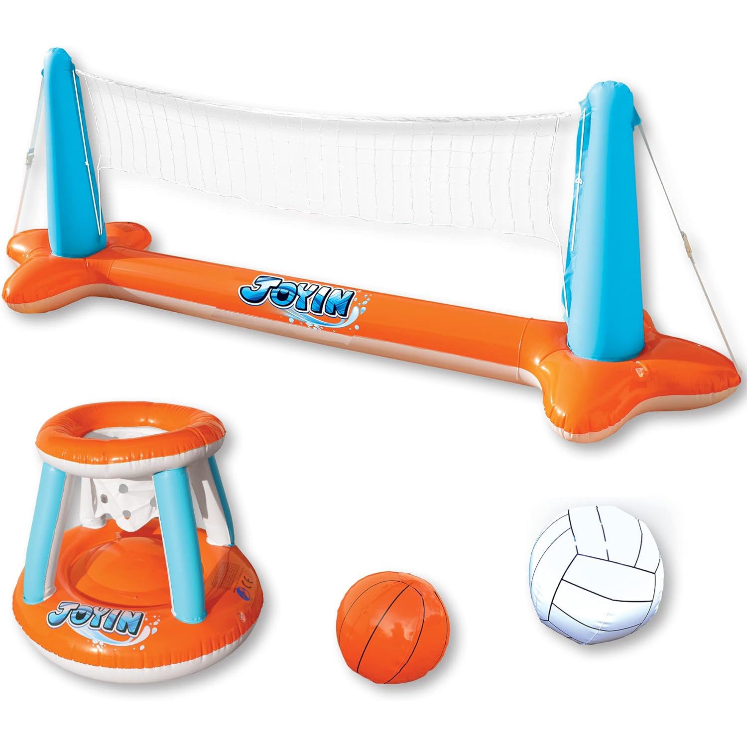 SYNCFUN Inflatable Pool Float – Volleyball Net & Basketball Hoops, L-Orange
