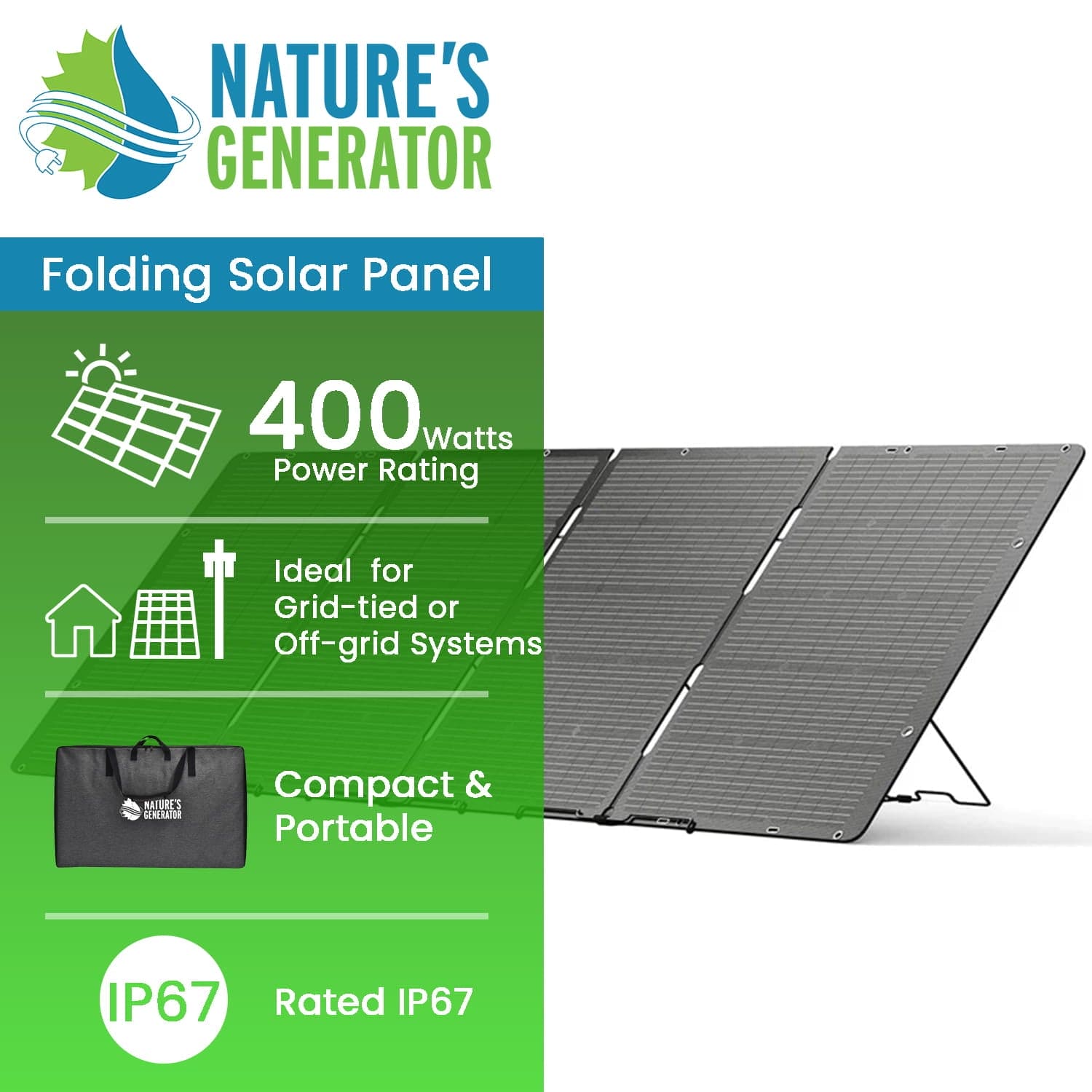 Nature's Generator 400W Folding Solar Panel — Monocrystalline, High-Output