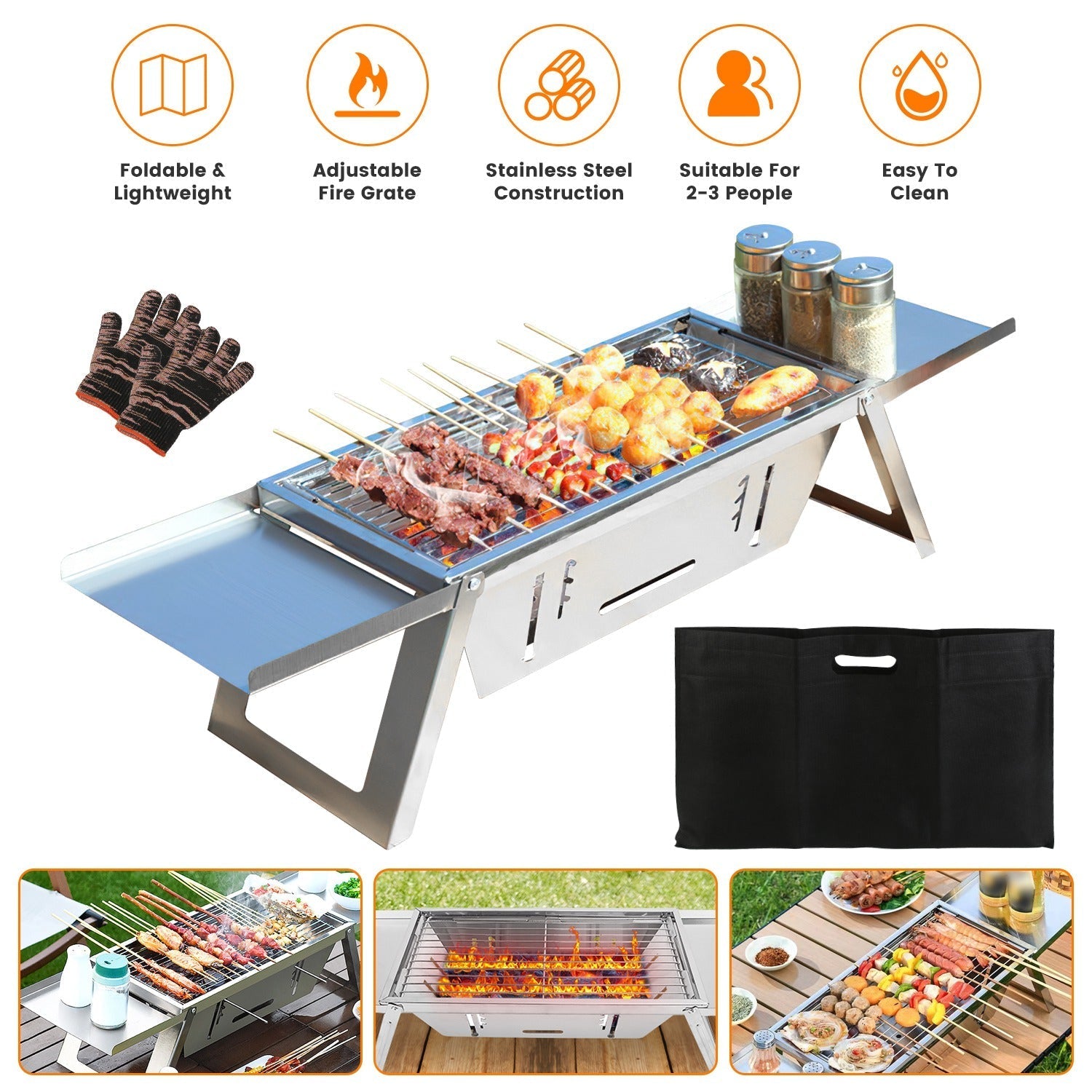 3-in-1 Foldable Charcoal Grill, Fire Pit & Slow Cooker – Portable Stainless Steel