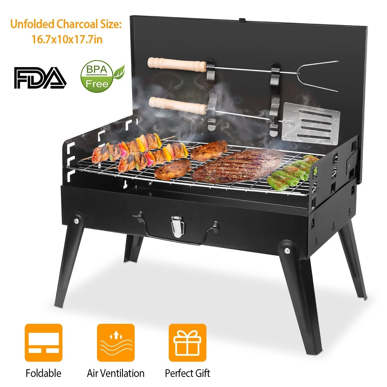 Portable Charcoal BBQ Suitcase Grill – Foldable with Shelf, 16.7" x 10" x 17.7"