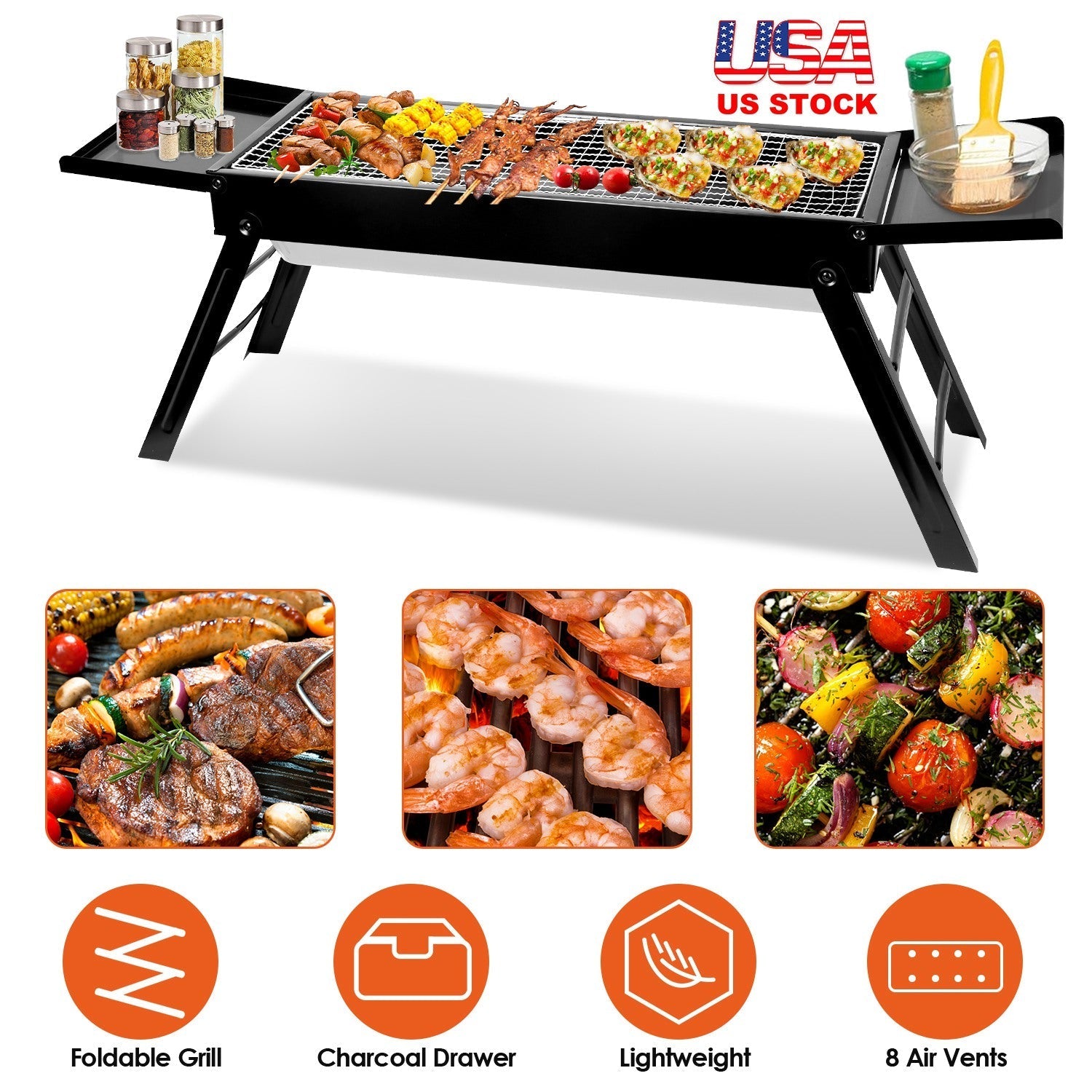 Foldable Charcoal BBQ Grill with Shelf & Stainless Steel Grill Net – Portable Tabletop