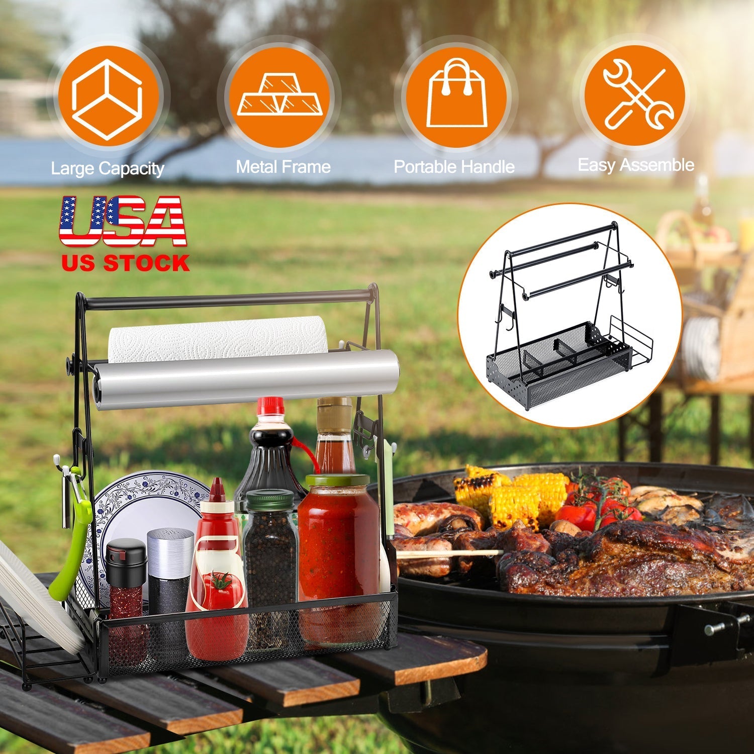 Metal Grill Caddy & Utensil Organizer with Paper Towel Holder
