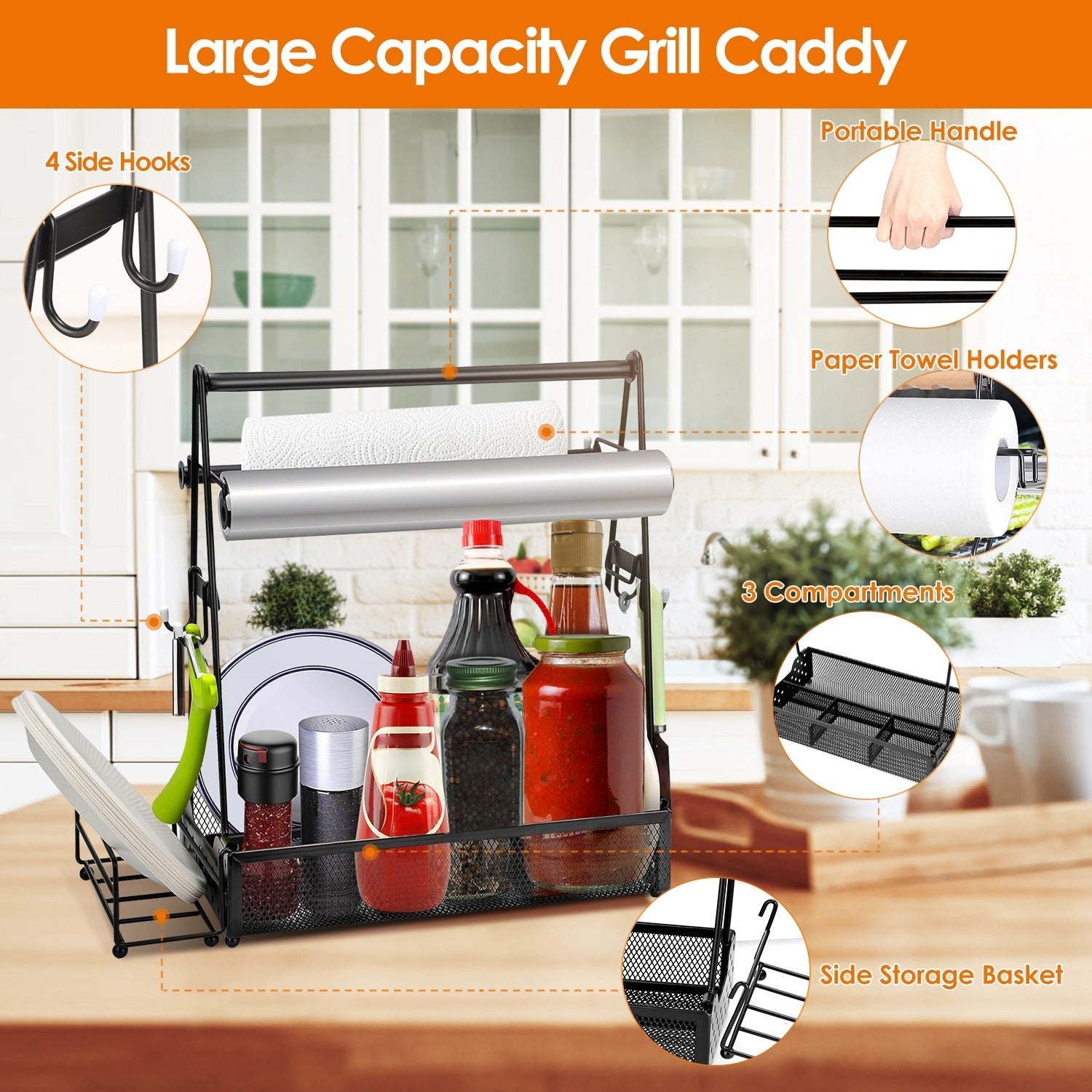 Metal Grill Caddy & Utensil Organizer with Paper Towel Holder