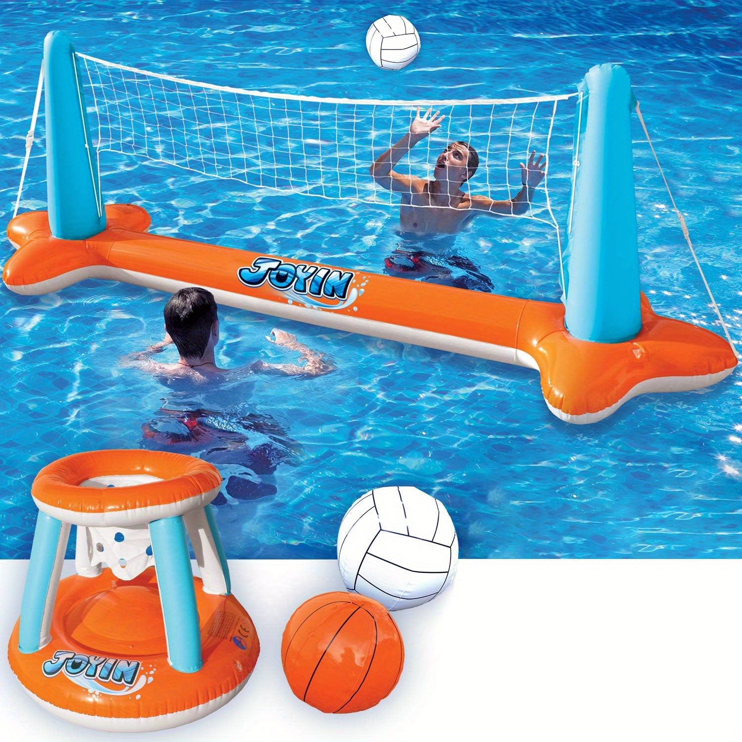SYNCFUN Inflatable Pool Float – Volleyball Net & Basketball Hoops, L-Orange