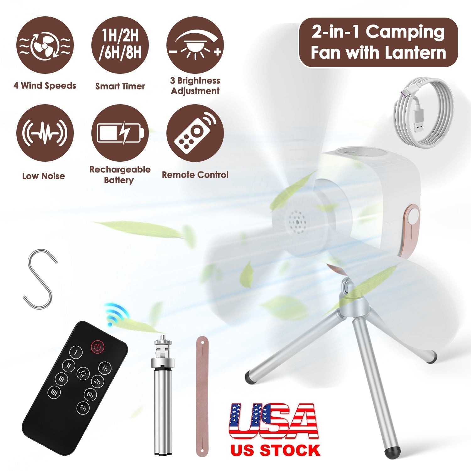 Rechargeable Tent Ceiling Fan with LED Light & Remote Control – 7200mAh