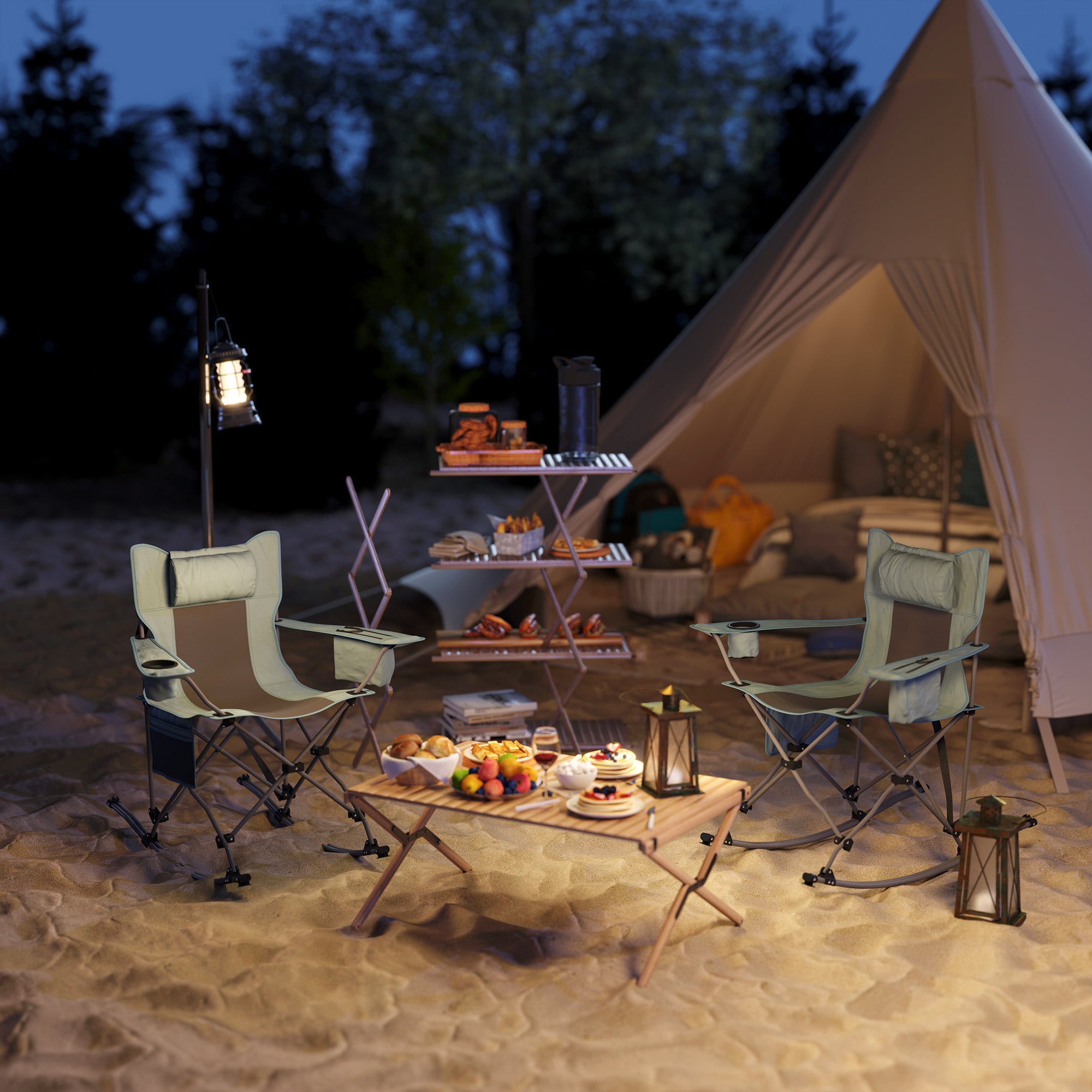 Folding Rocking Camping Chairs – 2 Pack with Headrest, Cooler & Cup Holder
