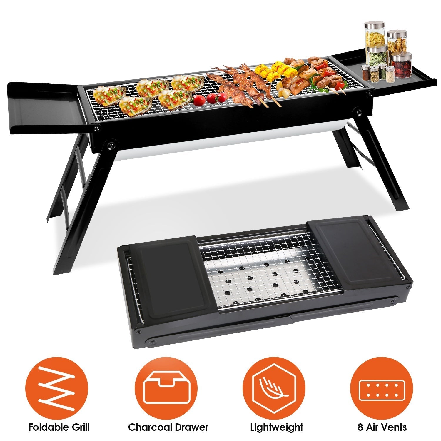 Foldable Charcoal BBQ Grill with Shelf & Stainless Steel Grill Net – Portable Tabletop