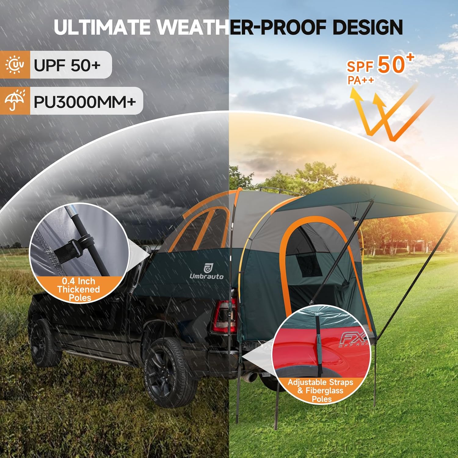 Umbrauto Truck Bed Tent with Awning | Fits 5.5–5.8 ft Beds | PU3000 Waterproof | 3 Colors