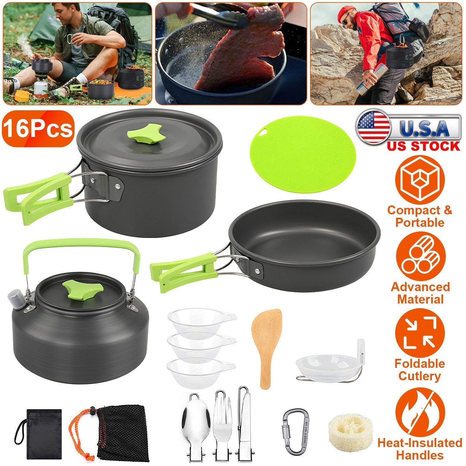 16-Piece Camping Cookware Set – Aluminum Pot, Pan, Kettle & Utensil Kit