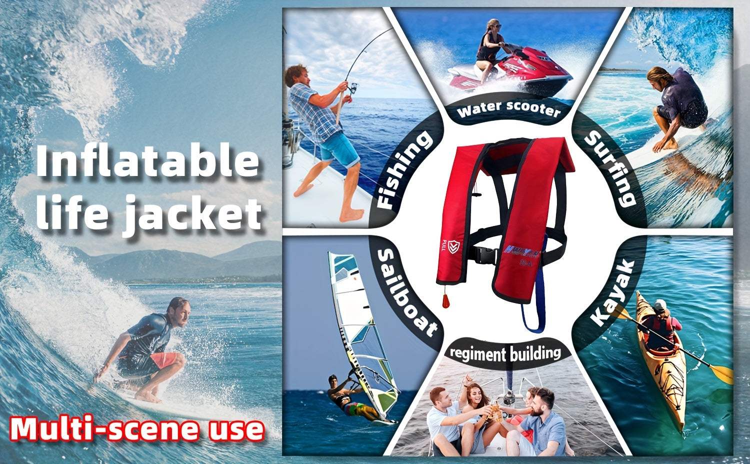 HWAYAN 607-Red Automatic Inflatable Life Jacket – Adjustable, 330 lbs Capacity