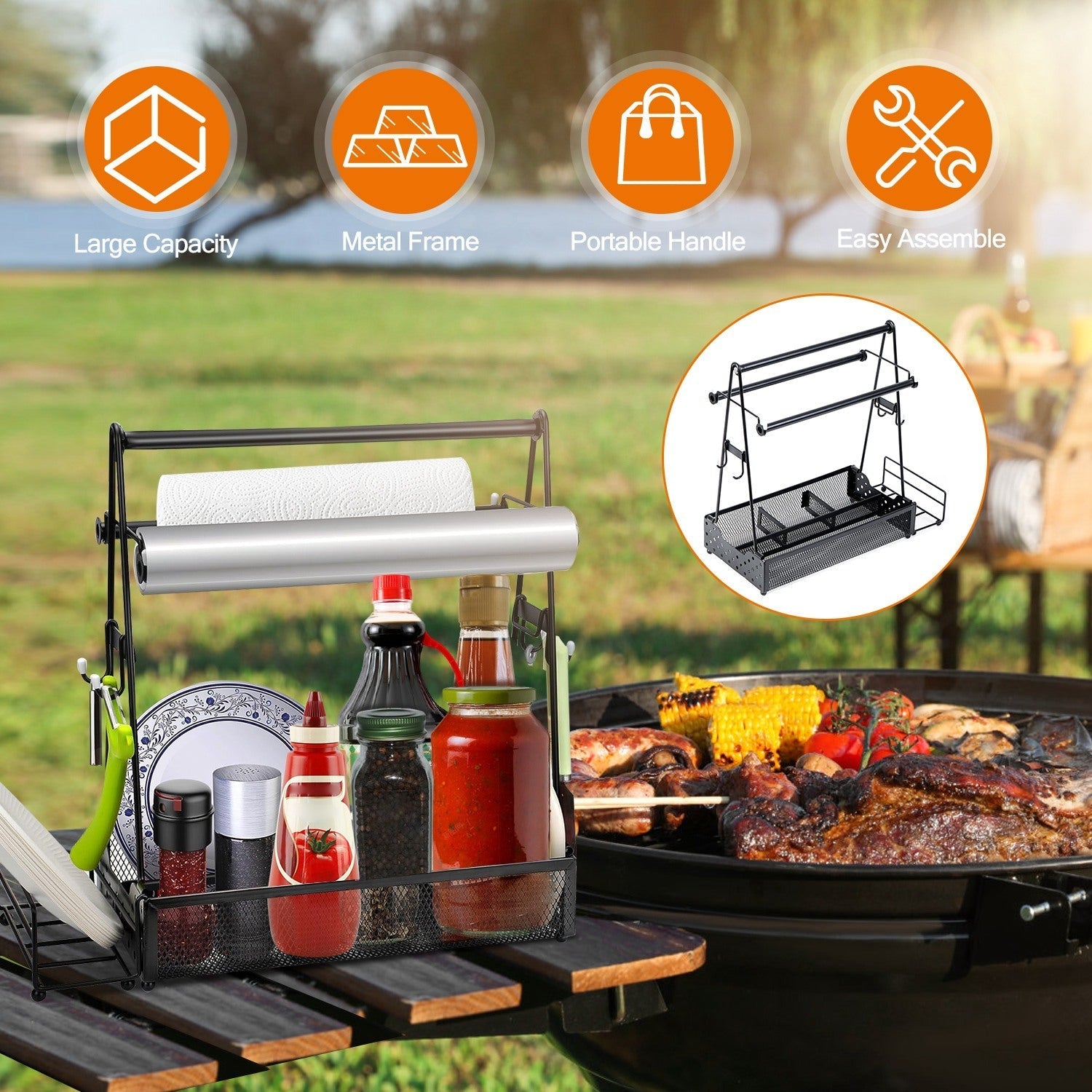 Metal Grill Caddy & Utensil Organizer with Paper Towel Holder