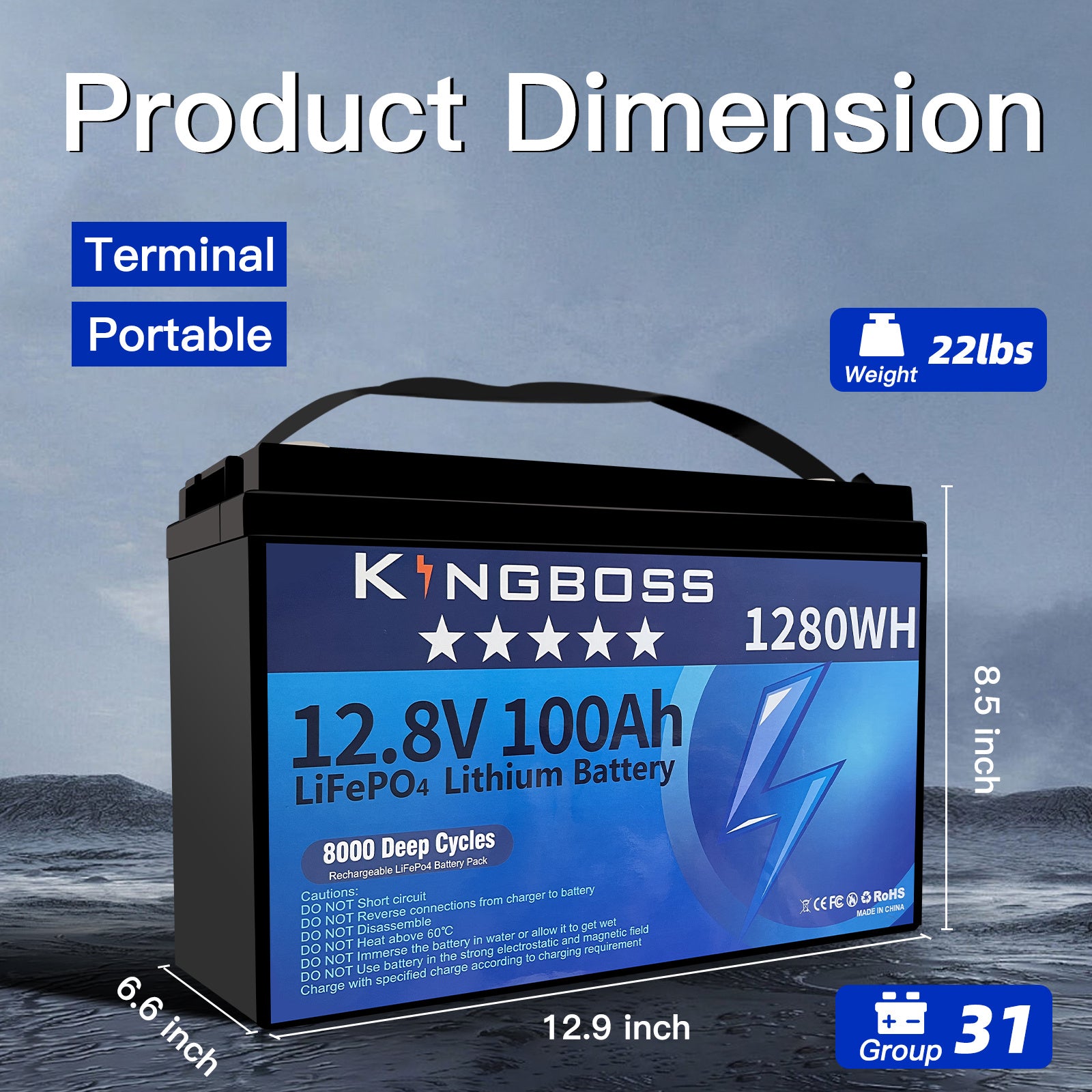 12V 100Ah IP65 LiFePO4 Lithium Battery – Waterproof, 15000 Cycle, Built-In BMS