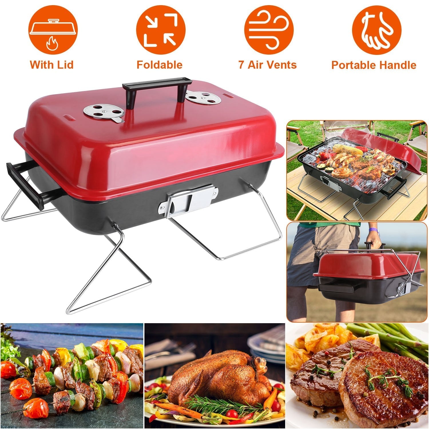Portable Charcoal Tabletop Grill – Folding BBQ Smoker with Lid