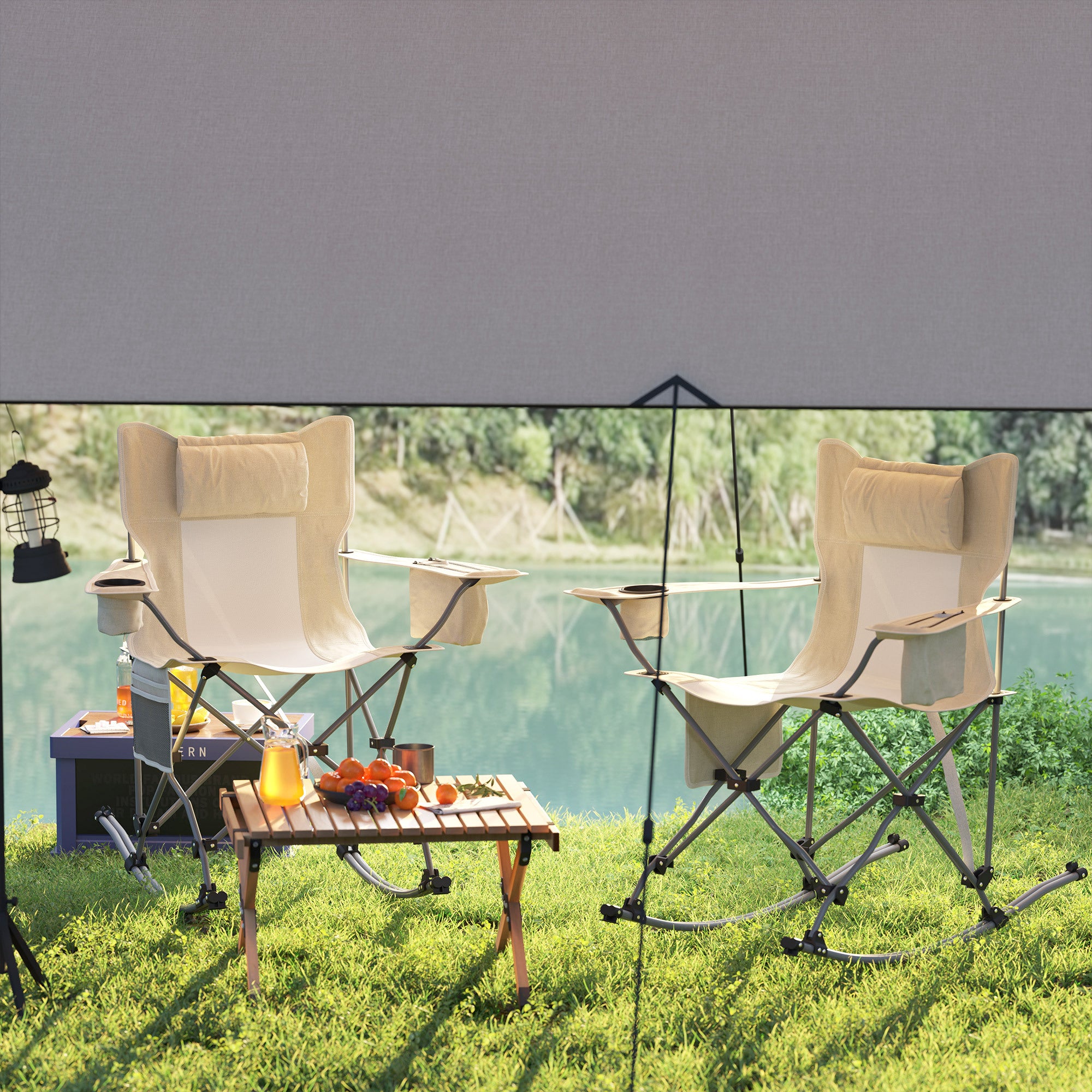 Folding Rocking Camping Chairs – 2 Pack with Headrest, Cooler & Cup Holder