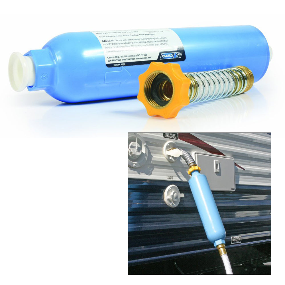 Camco TastePURE KDF/Carbon Water Filter with Flexible Hose Protector