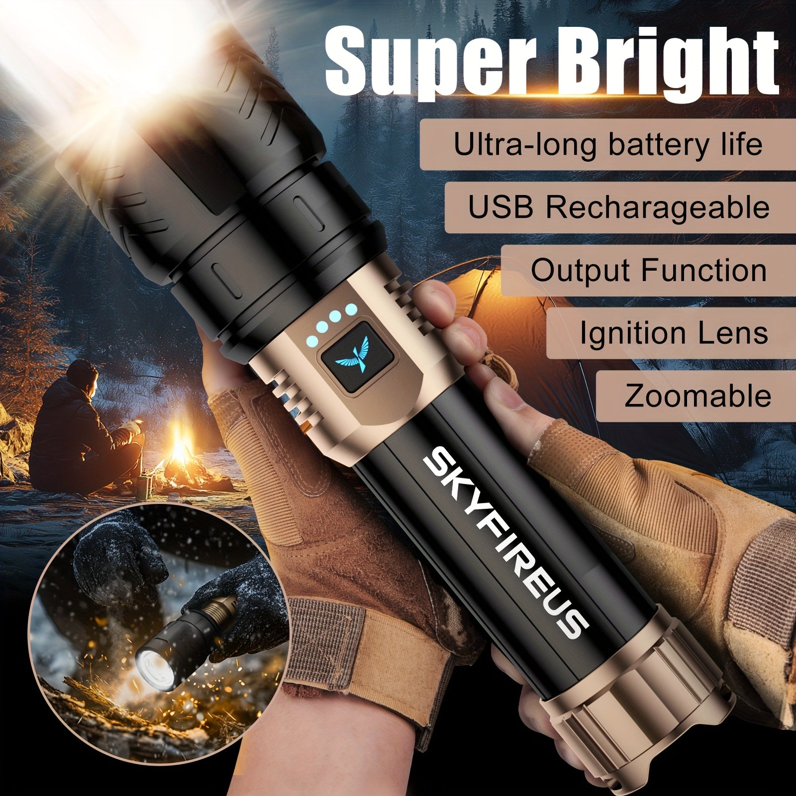 SKYFIRE High-Lumen Rechargeable LED Flashlight – Zoomable, 4 Modes