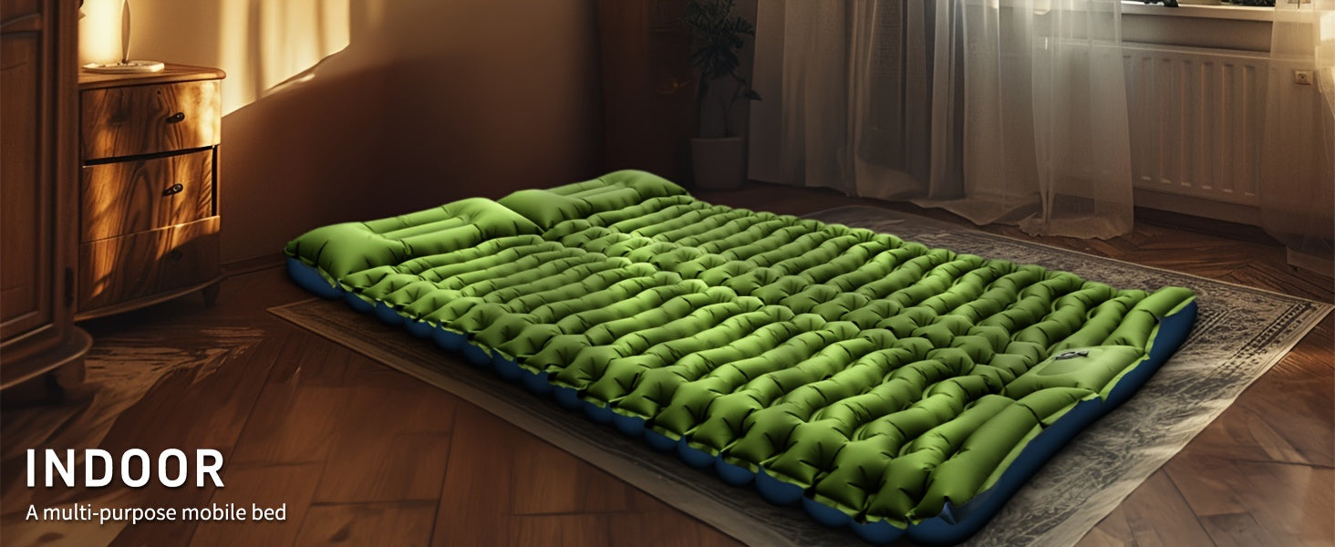 Extra-Thick Double Sleeping Pad – 4" Self-Inflating with Pillows & Foot Pump