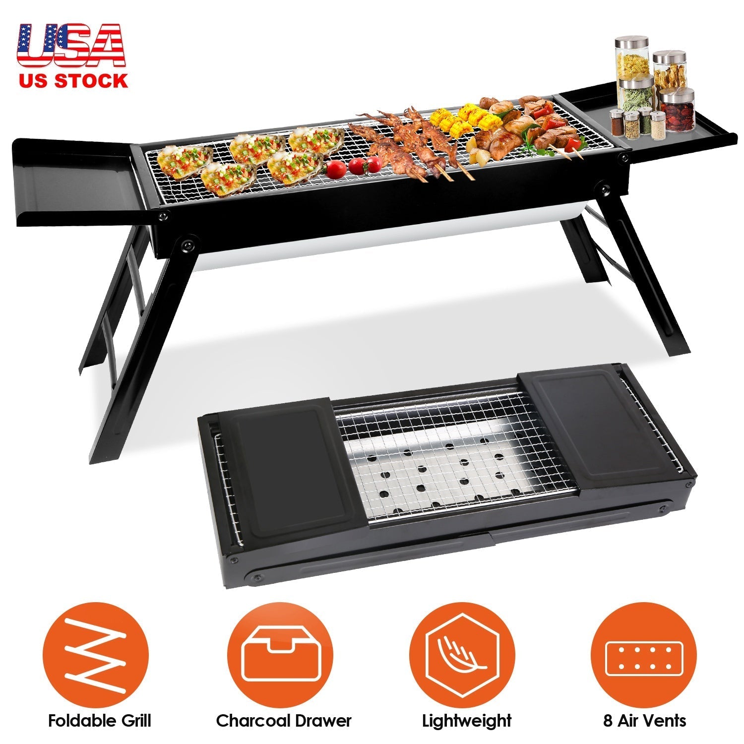 Foldable Charcoal BBQ Grill with Shelf & Stainless Steel Grill Net – Portable Tabletop