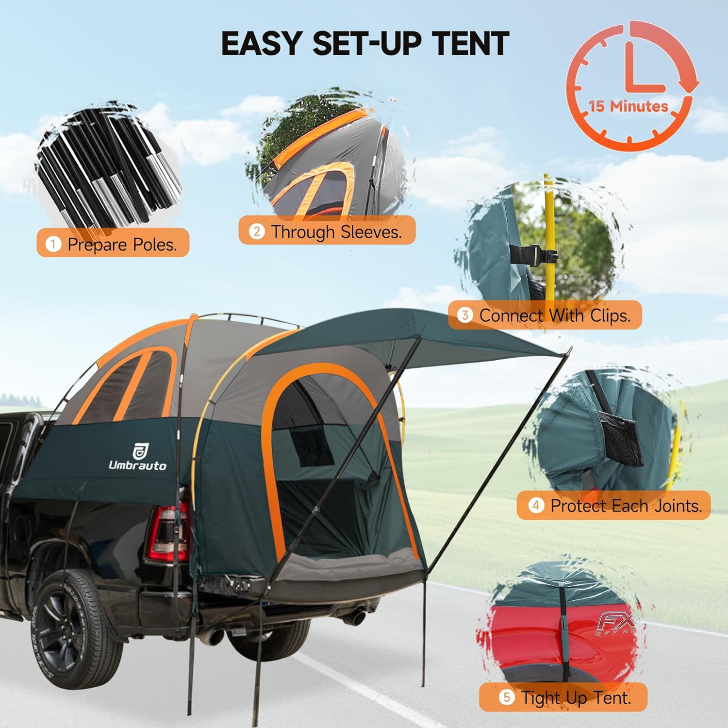 Umbrauto Truck Bed Tent with Awning | Fits 6.4–6.7 ft Beds | PU3000 Waterproof | 3 Colors