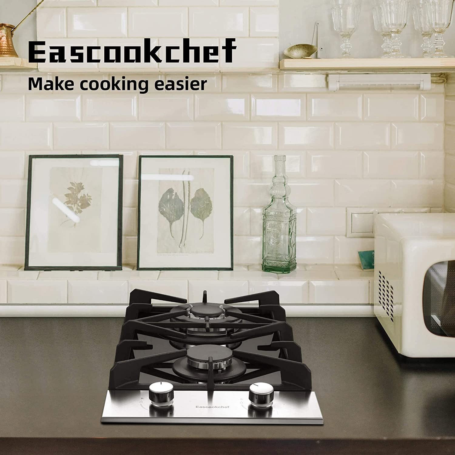 12" 2-Burner Gas Cooktop – LPG/NG Dual Fuel, Tempered Glass, Thermocouple Safety