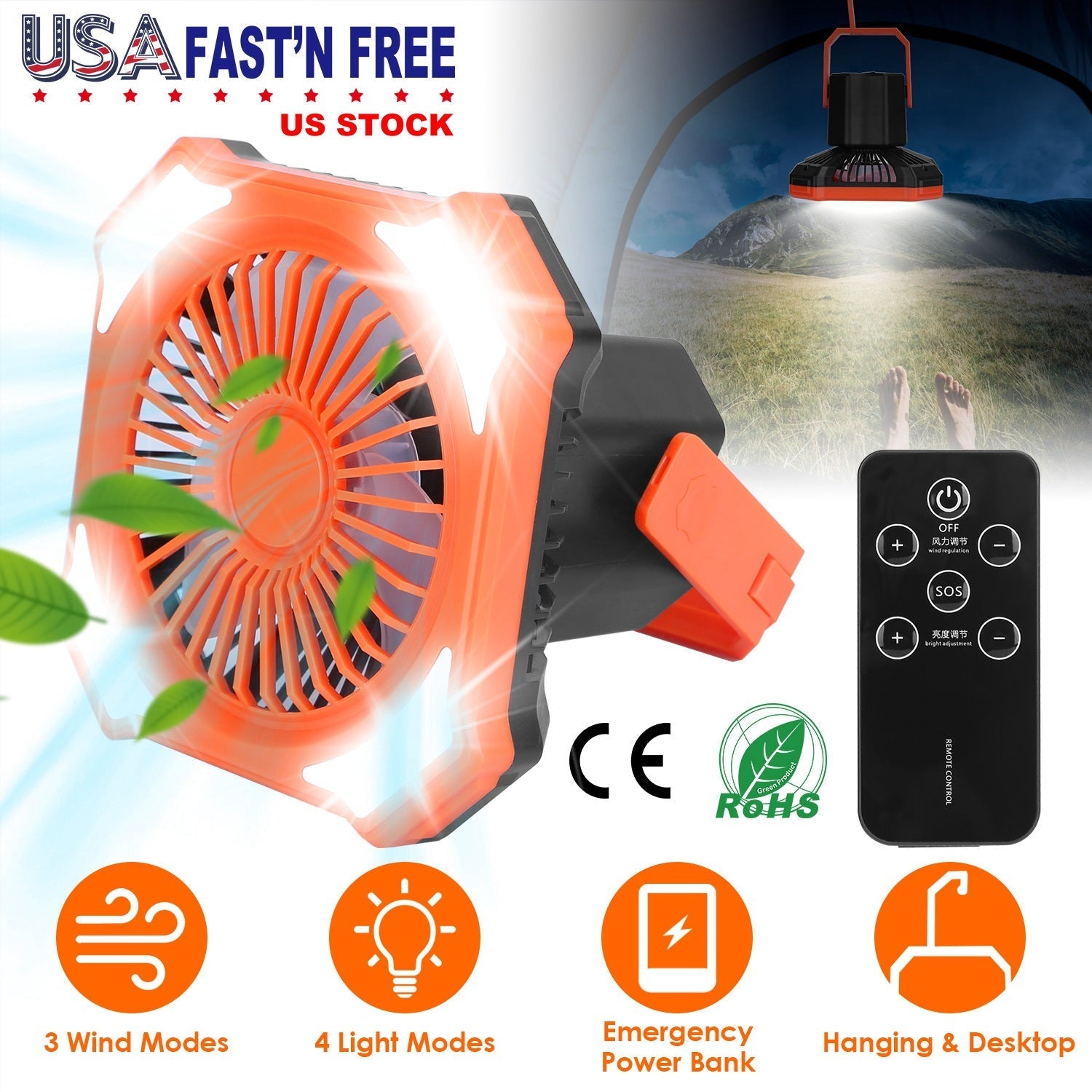 Portable Camping Lantern Fan – 10,000mAh, 4 Light Modes, Power Bank & Remote