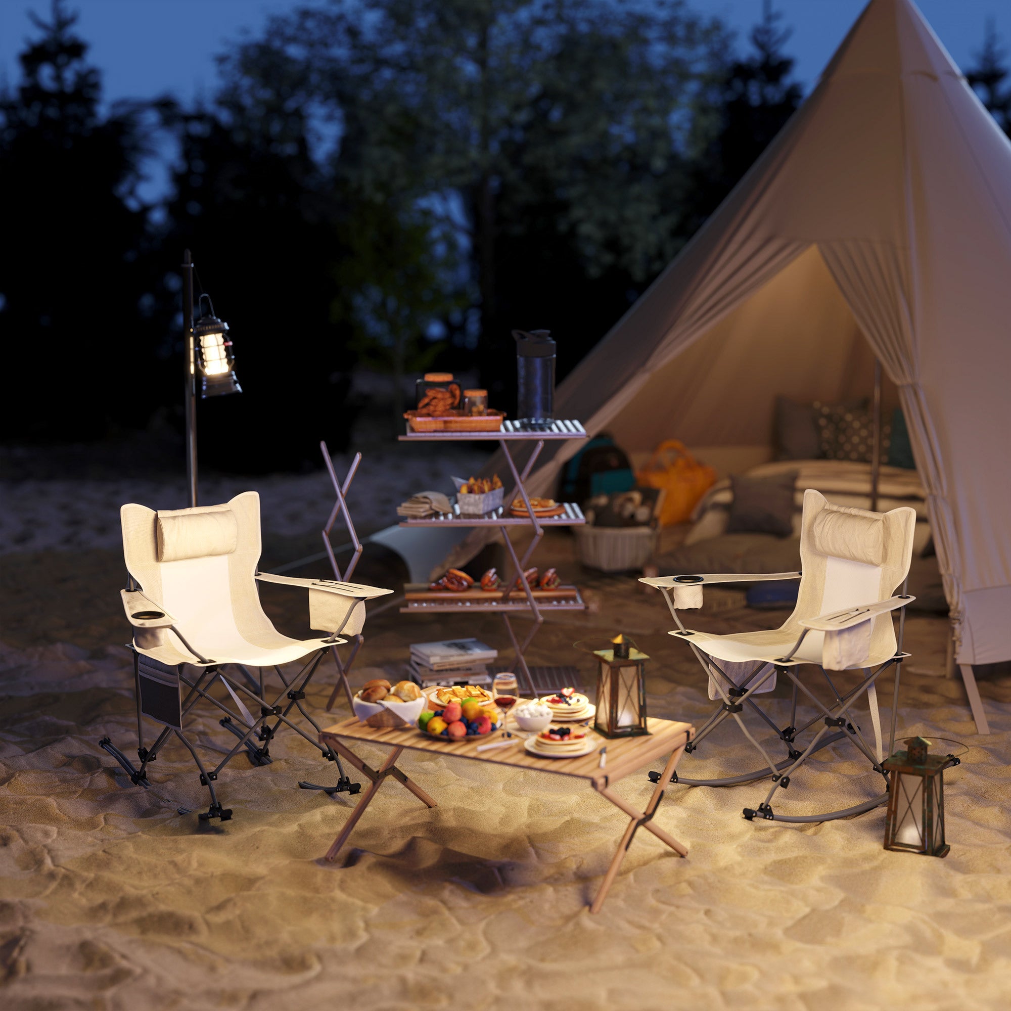 Folding Rocking Camping Chairs – 2 Pack with Headrest, Cooler & Cup Holder