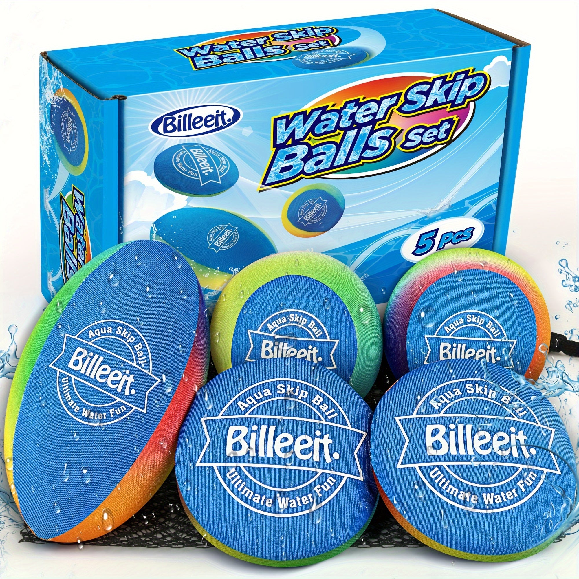 5-Piece Rainbow Water Skipping Balls – Pool & Beach Fun with Mesh Bag