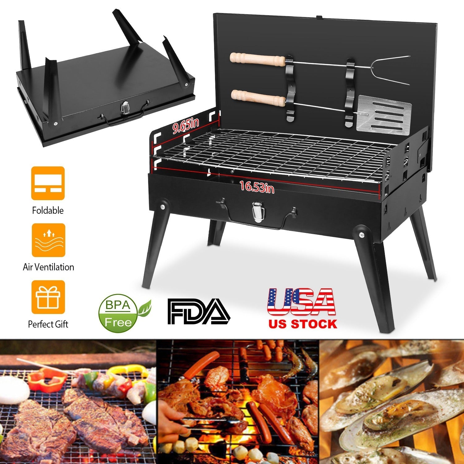 Portable Charcoal BBQ Suitcase Grill – Foldable with Shelf, 16.7" x 10" x 17.7"