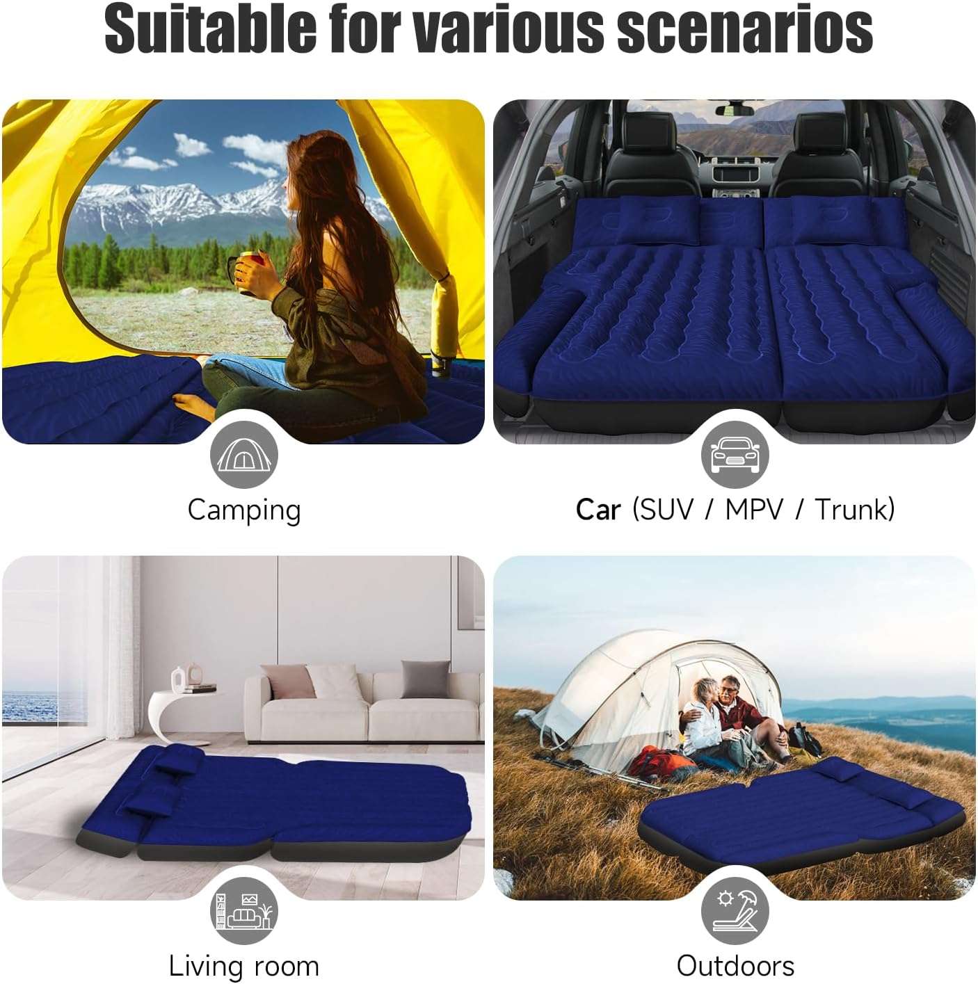 DikaSun Universal SUV Air Mattress – Extra-Thick Flocking, 4-Chamber Design | Navy