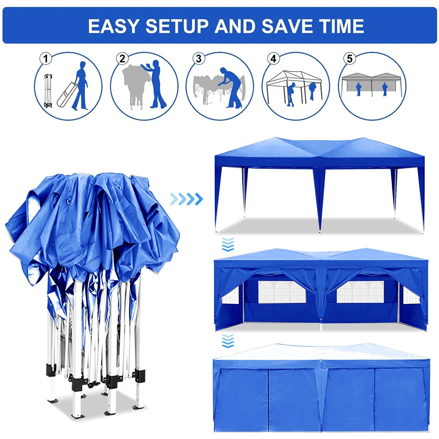 10'x20 'folding canopy with 6 detachable side walls outdoor activity shelters UPF 50+terrace portable tent (blue)