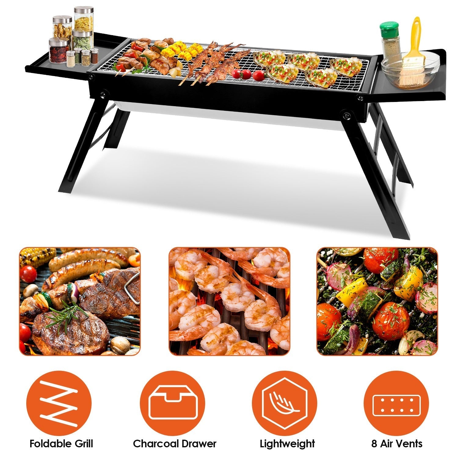 Foldable Charcoal BBQ Grill with Shelf & Stainless Steel Grill Net – Portable Tabletop