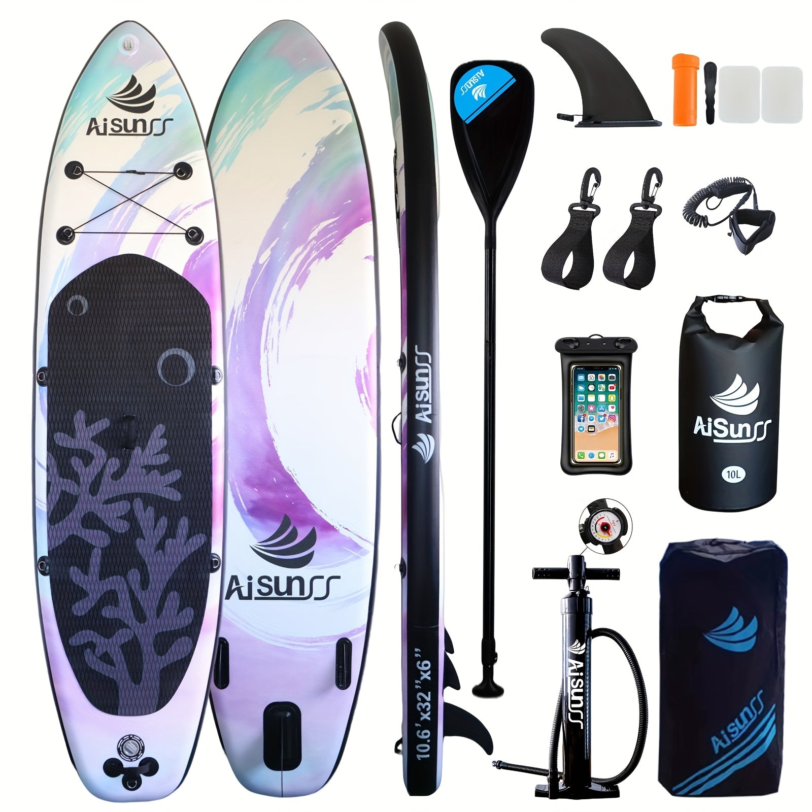 AISUNSS Inflatable SUP Paddle Board – Wide Adult Board with Accessories, Purple & Blue