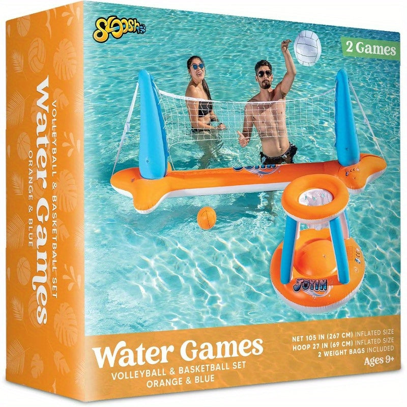 SYNCFUN Inflatable Pool Float – Volleyball Net & Basketball Hoops, L-Orange