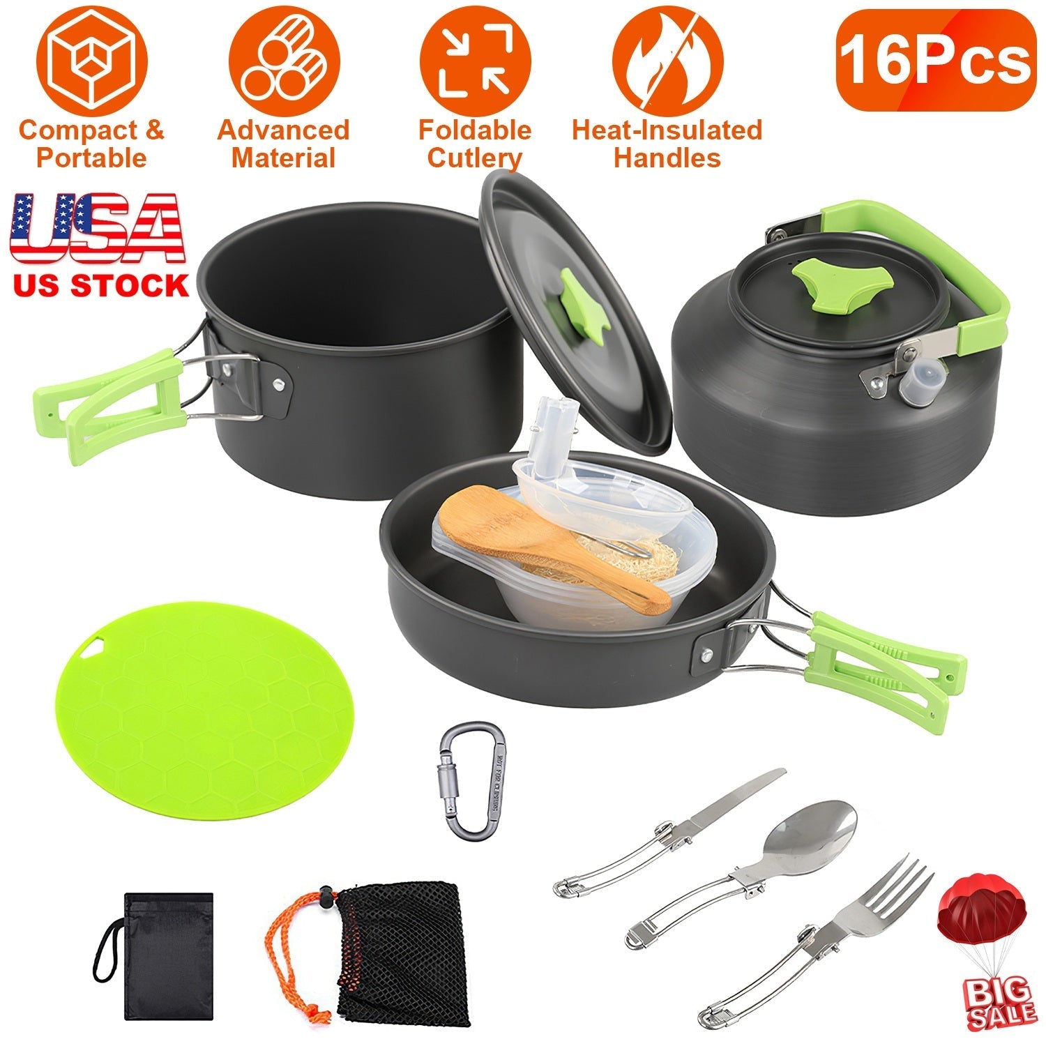 16-Piece Camping Cookware Set – Aluminum Pot, Pan, Kettle & Utensil Kit