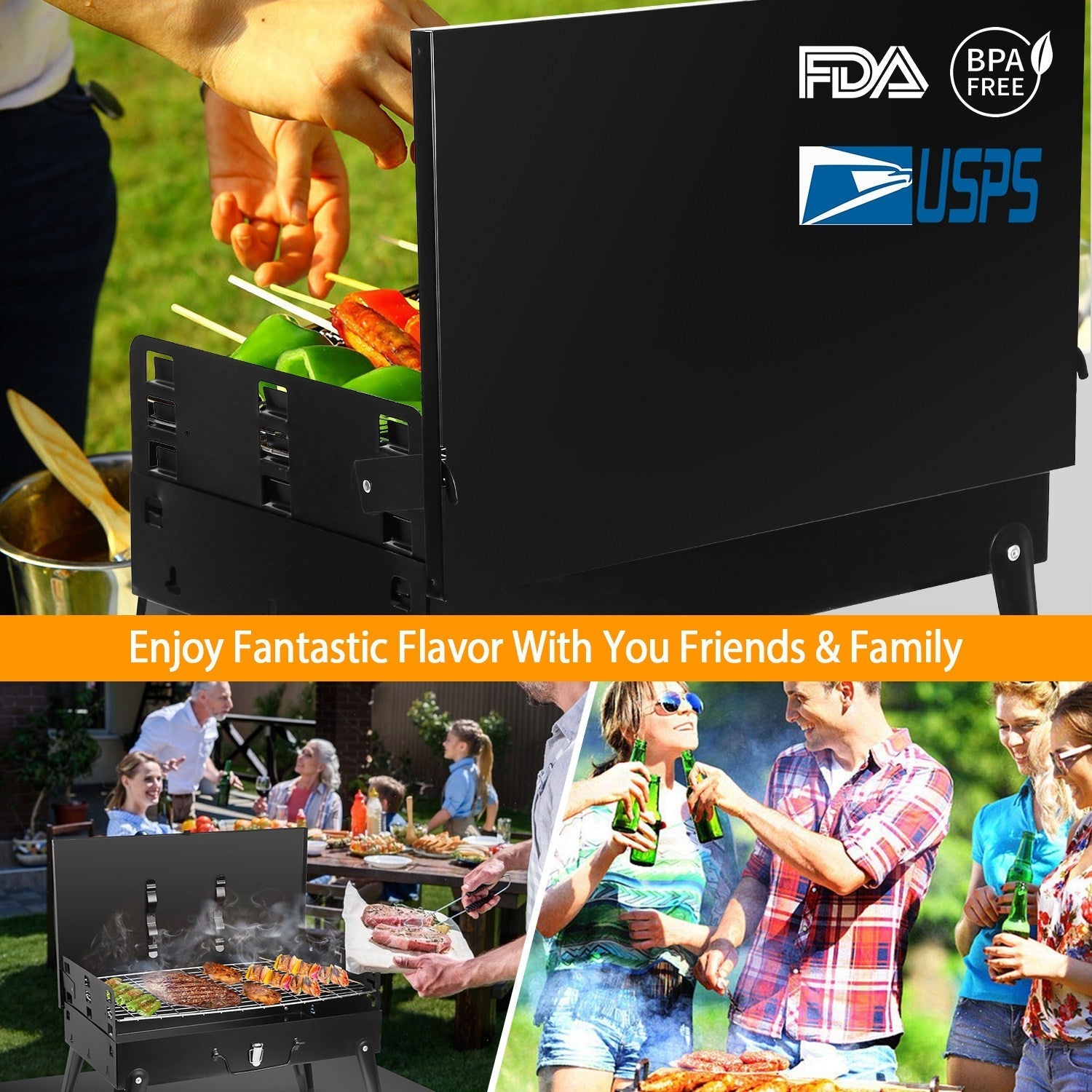 Portable Charcoal BBQ Suitcase Grill – Foldable with Shelf, 16.7" x 10" x 17.7"