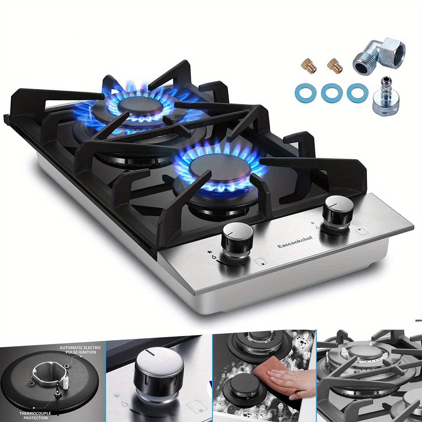 12" 2-Burner Gas Cooktop – LPG/NG Dual Fuel, Tempered Glass, Thermocouple Safety