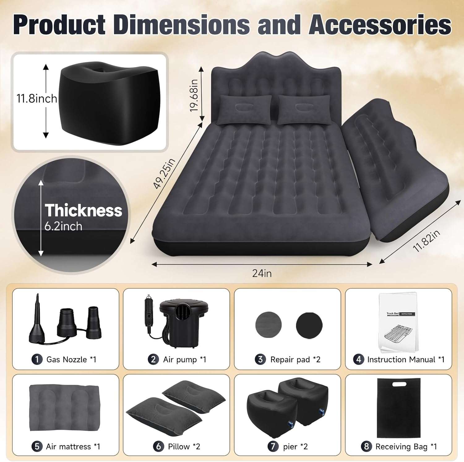 DikaSun Backseat Air Mattress for SUV, Car & Truck – 24" Width | Black
