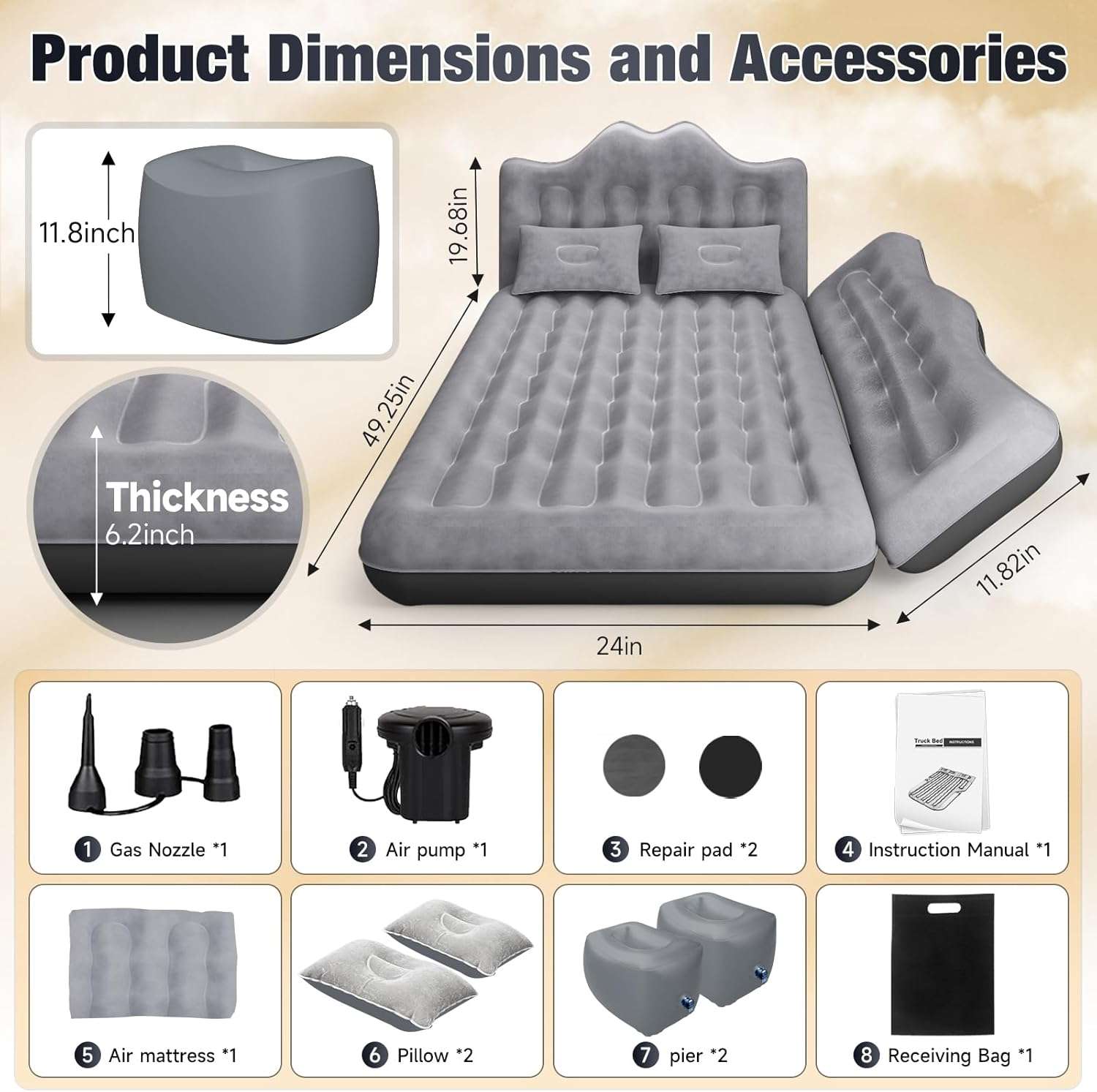DikaSun Backseat Air Mattress for SUV, Car & Truck – 24" Width | Grey