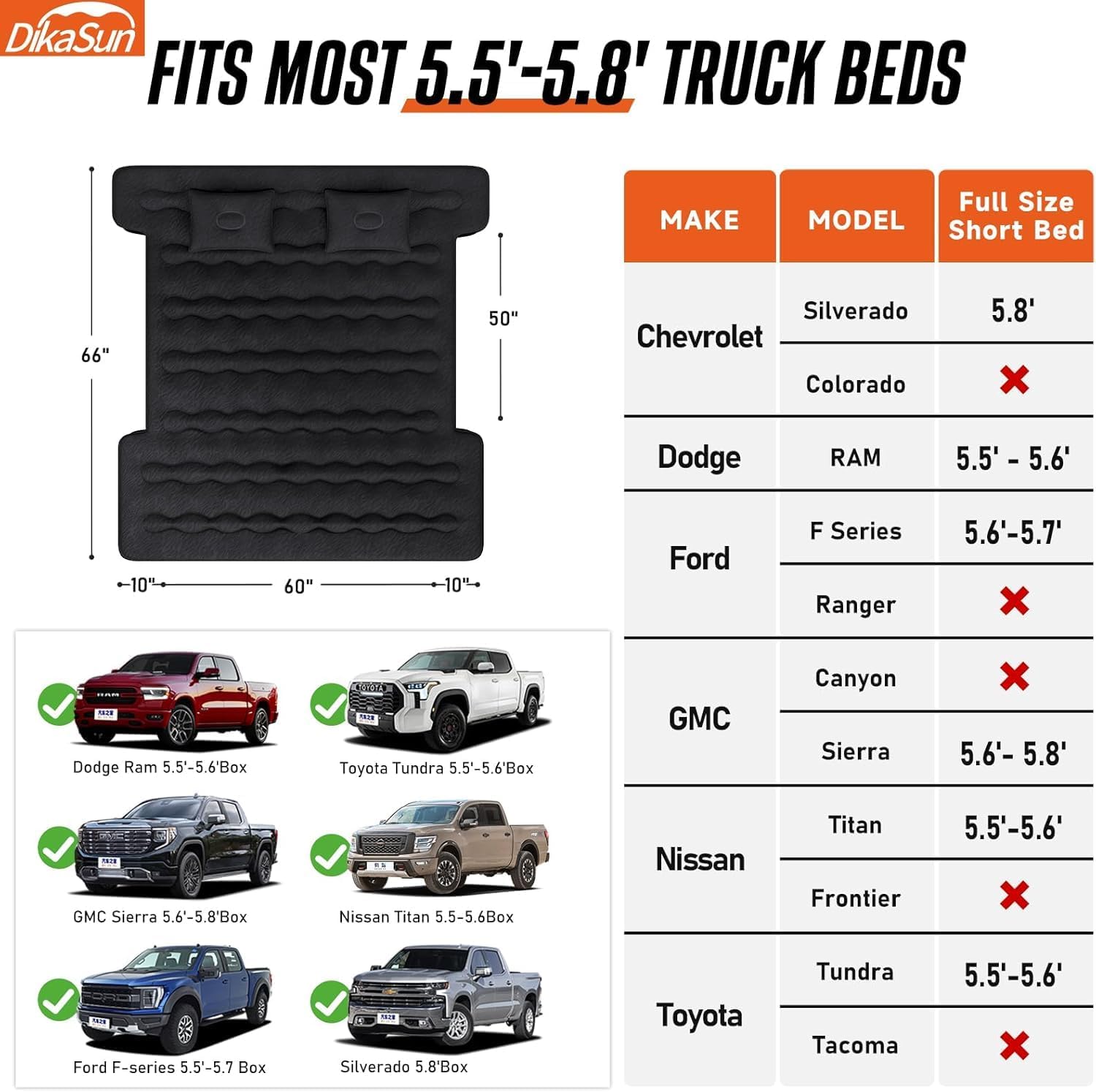 DikaSun Truck Bed Air Mattress – Fits 5.5 to 5.8 ft Beds | Black